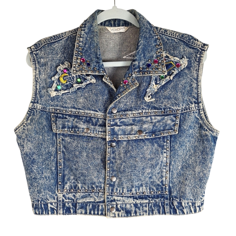 Vintage 80s 90s Studded Crop Denim Vest Womens Large Acid Wash Rhinestones Rock
